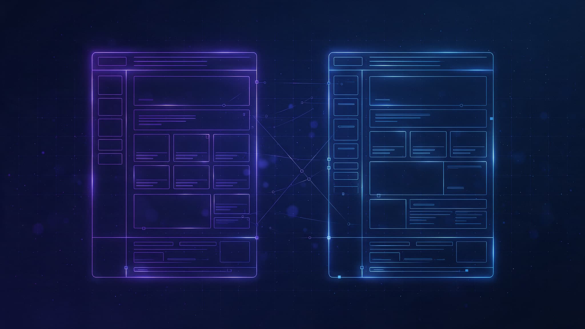 Abstract illustration of two glowing website wireframes side by side in comparison