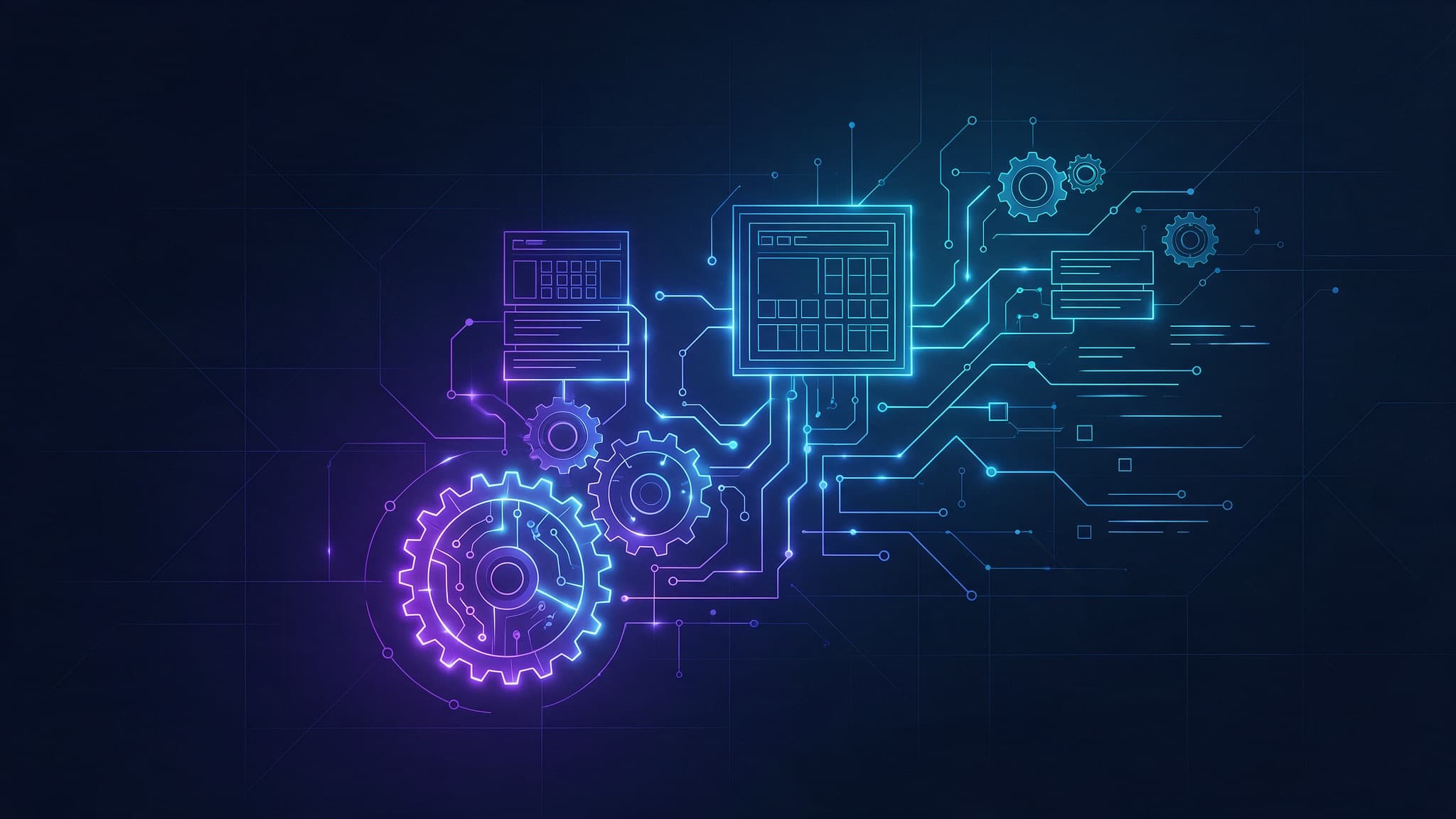 Abstract blueprint illustration of interlocking gears and circuit pathways forming a website wireframe