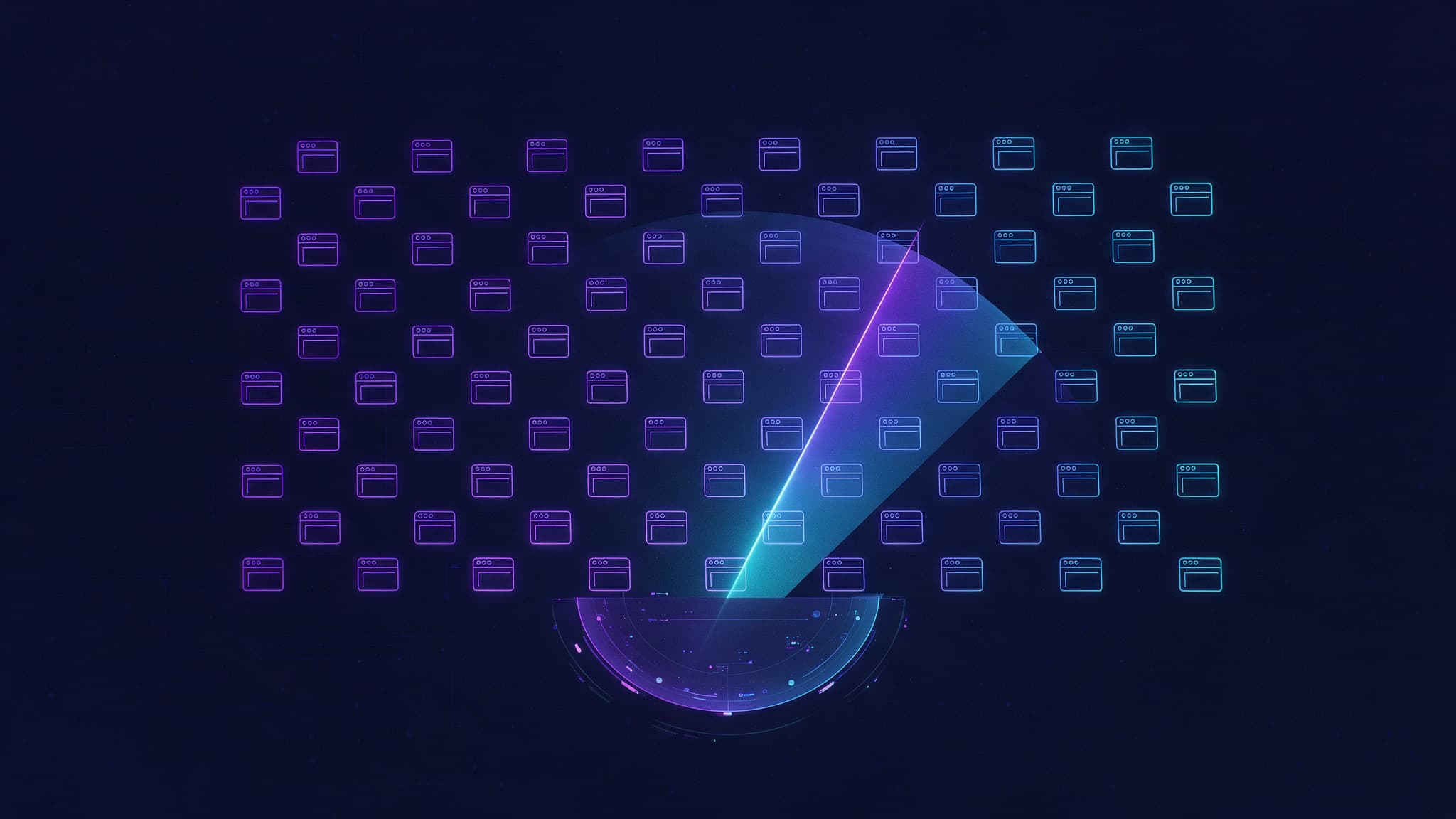 Abstract illustration of a grid of browser window icons being swept by a radar scan