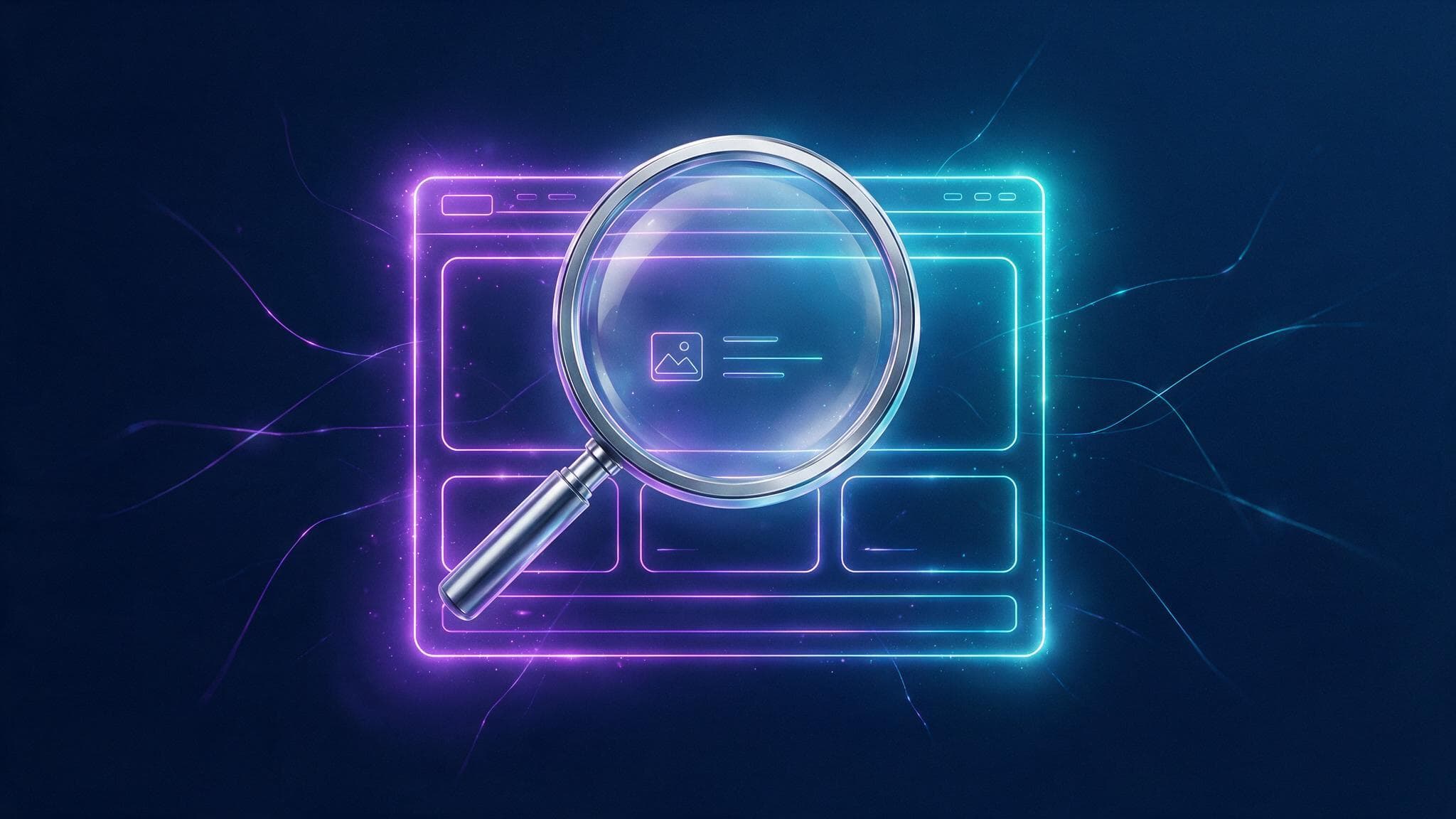 Abstract illustration of a magnifying glass over a glowing wireframe website layout