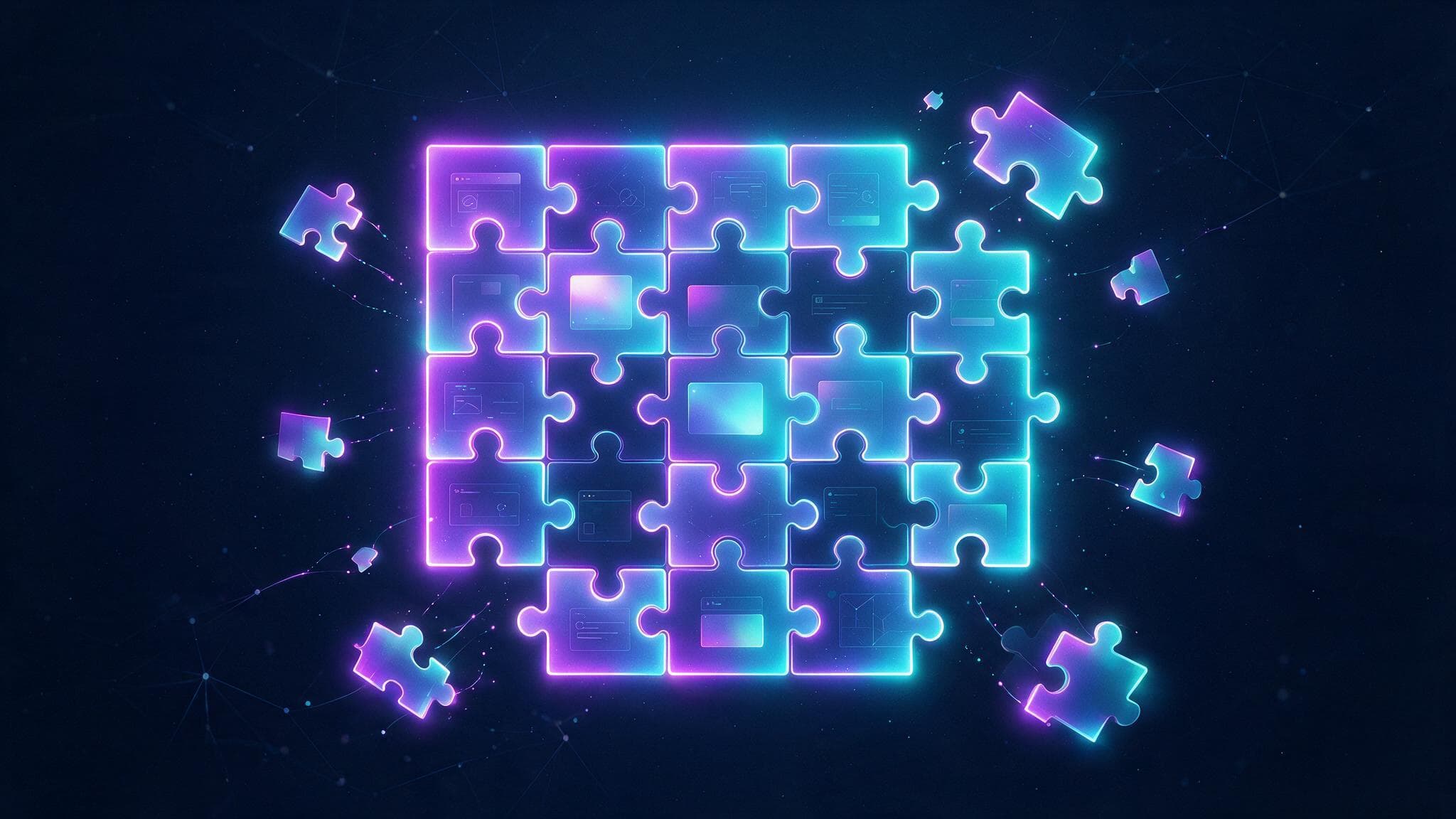 Abstract illustration of glowing puzzle pieces assembling into a website layout