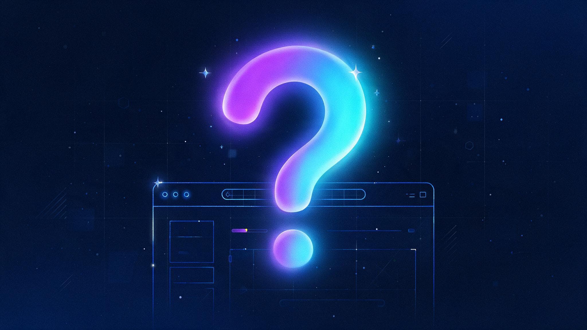 Abstract illustration of a glowing question mark over a browser window