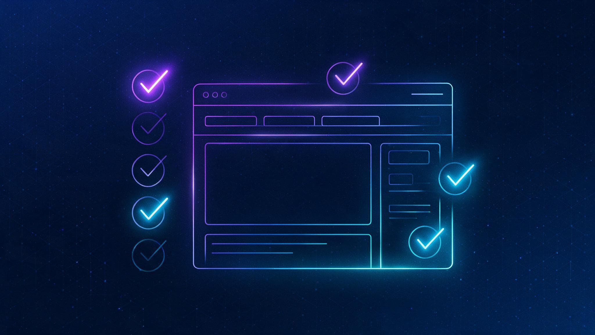 Abstract illustration of a glowing checklist beside a website wireframe